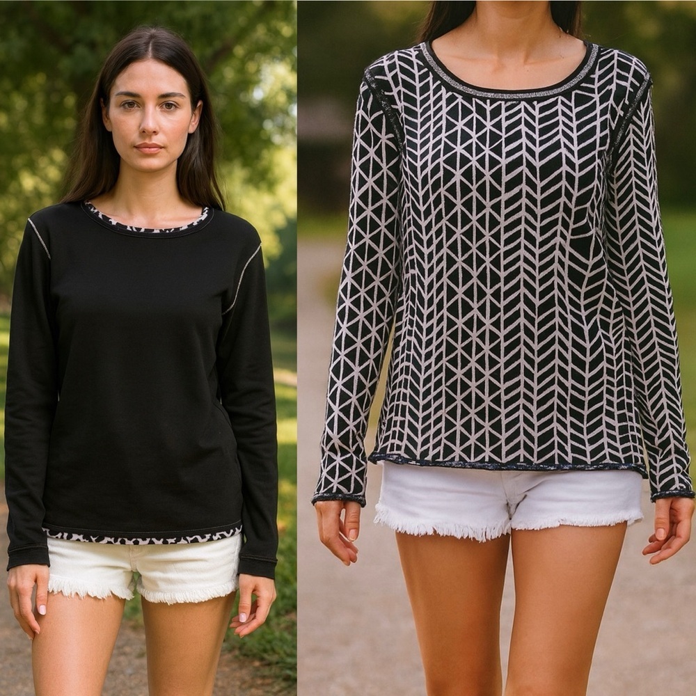 Maaji All Aboard Reversible Athleisure Sweater Black & Geometric Print Small